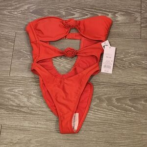 XXS Women's Removable Rosette Extra High Leg Cheeky One Piece Swimsuit Red NWT